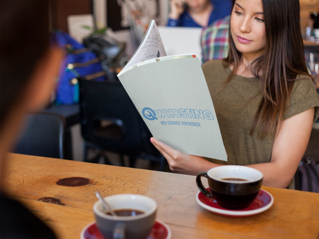 beautiful woman reading a magazine template while at a cafe a14335