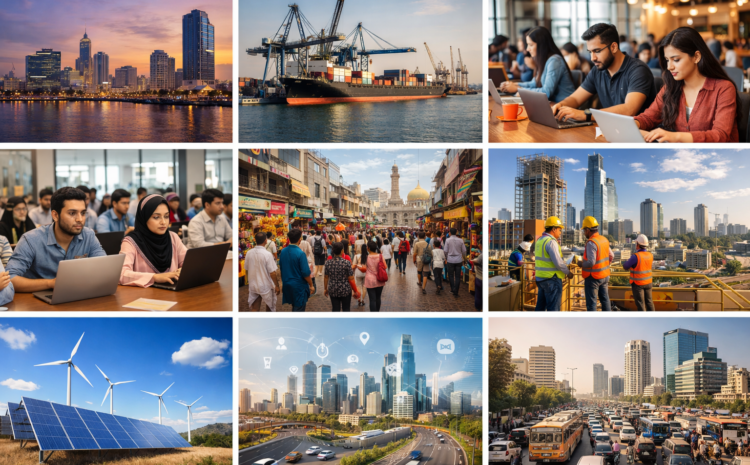 Karachi skyline with bustling business districts and port, symbolizing the city's economic importance.